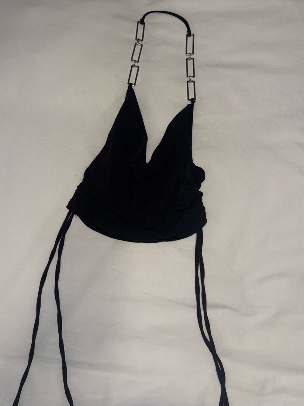 Black Halter Cowl Neck Crop Top with Chain Straps